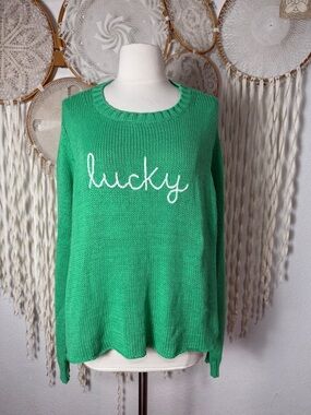 Wooden Ships Green Cotton Blend "Lucky" Crewneck Sweater M/L